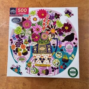 Eeboo 500 piece round puzzle, fruits and flowers still life. Spring colorful